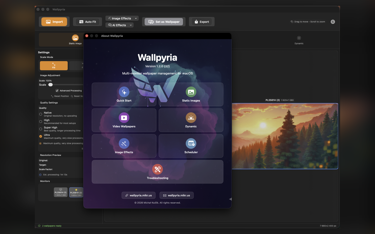 Wallpyria 1.2.0: Zwei-Monitor-Setup mit unterschiedlichen Hintergrundbildern pro Display
