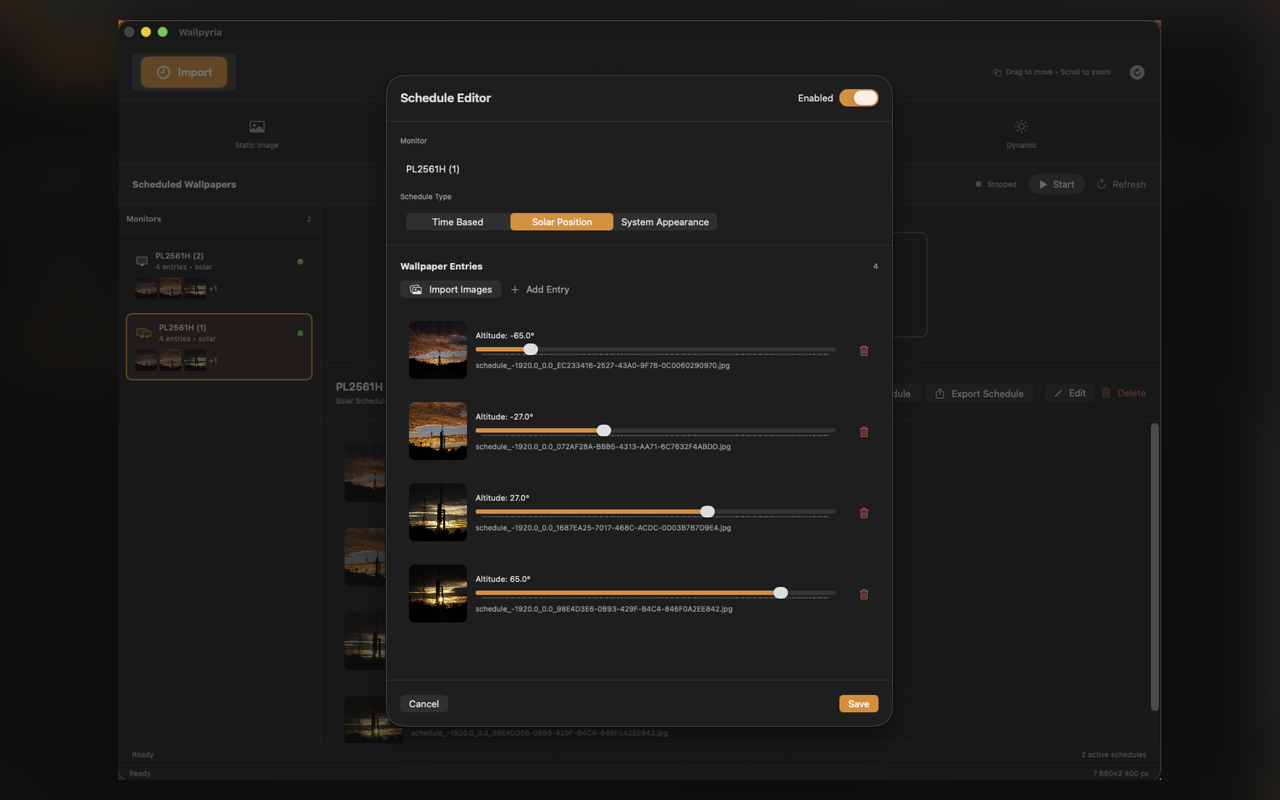 Wallpyria 1.2.0: Video-Modus mit Panorama-Hintergrundbild über zwei Displays gestreckt