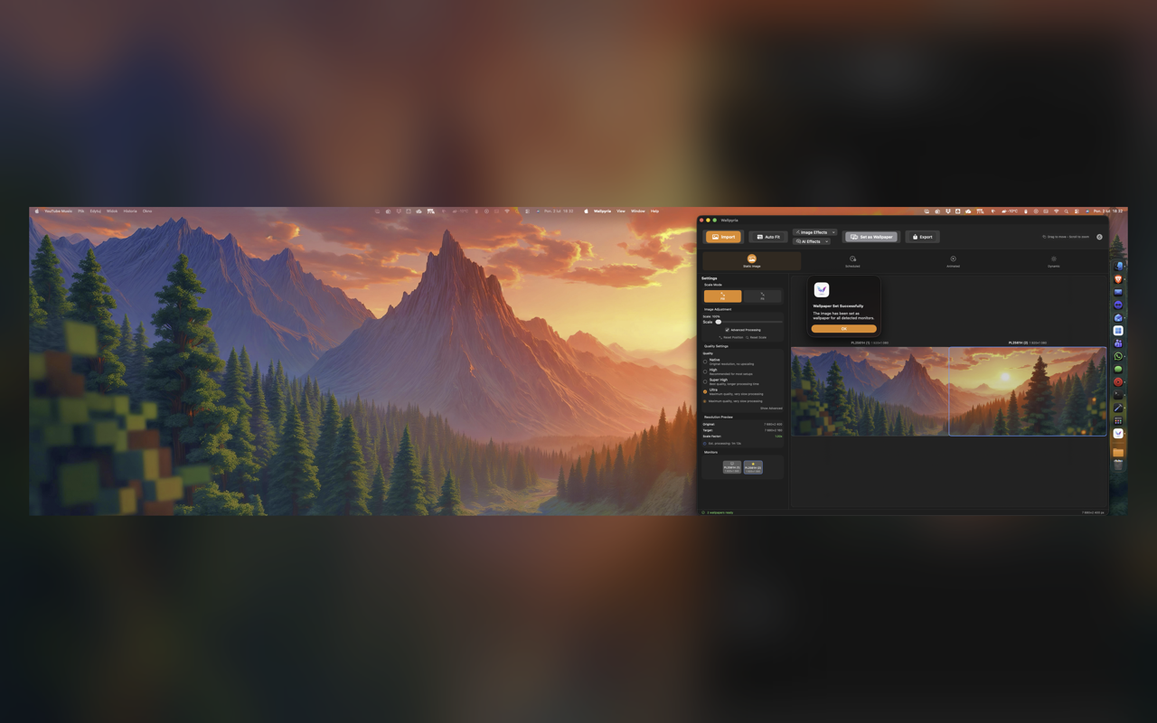 Wallpyria 1.2.0: Hauptfenster mit Dual-Monitor-Vorschau und Bildanpassungseinstellungen
